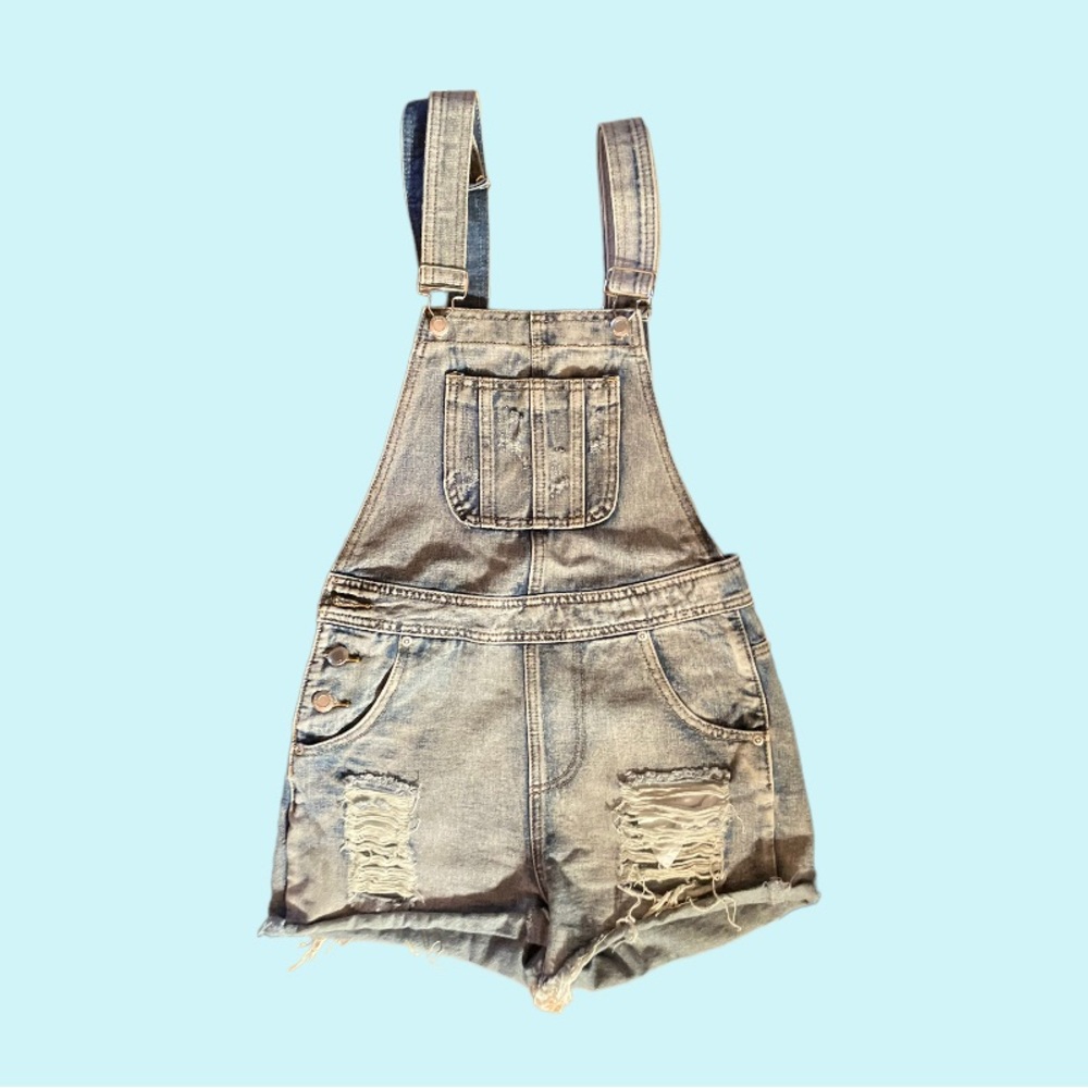 Boohoo Blue Distressed Jean Short Overalls in Size 4